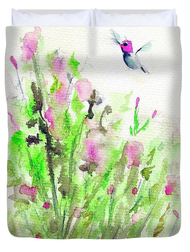 Hummingbird Duvet Cover featuring the painting Hummingbird in the Red Salvia by Roxy Rich