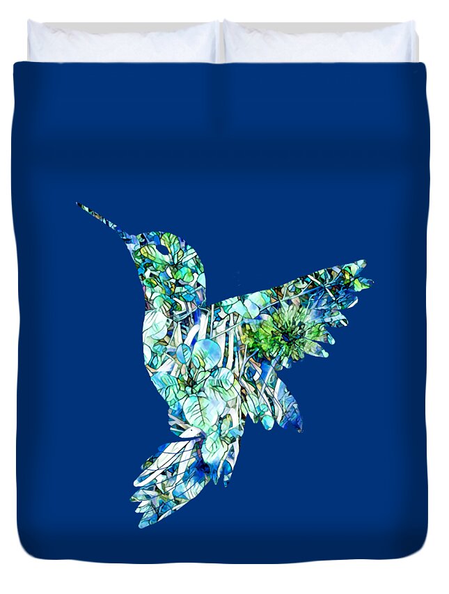  Duvet Cover featuring the mixed media Hummingbird Transparent Blue by Eileen Backman