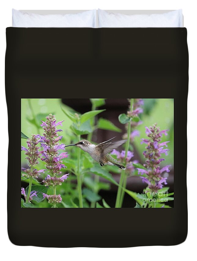 Beautiful Hummingbird Duvet Cover featuring the photograph Hummingbird with Lovely Agastache by Carol Groenen