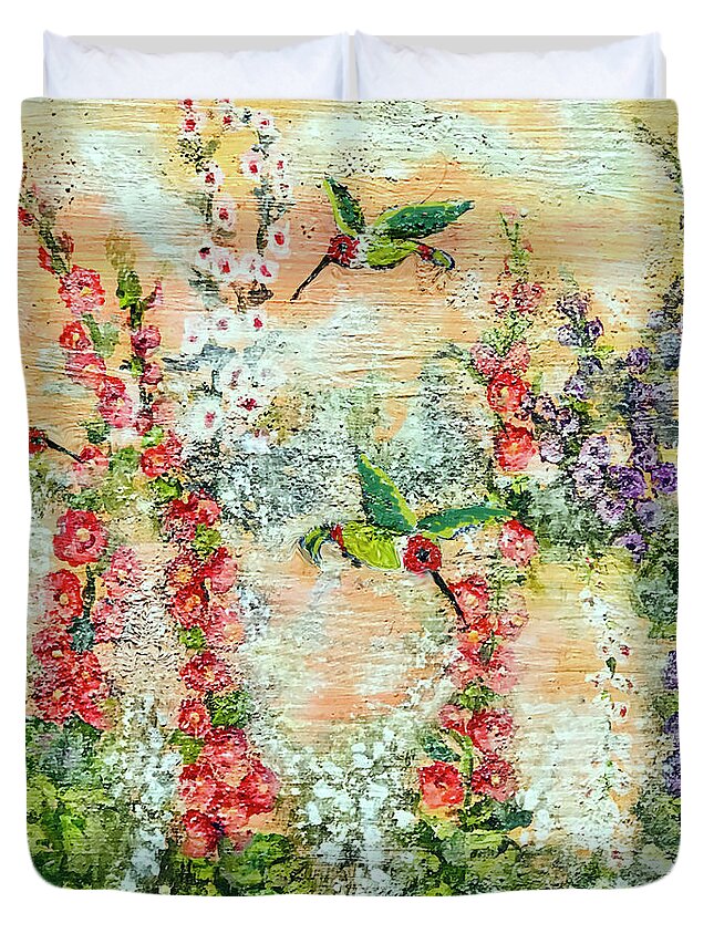 Hummingbirds Duvet Cover featuring the painting Hummingbirds playing on a misty morn in Summer by Bonnie Marie