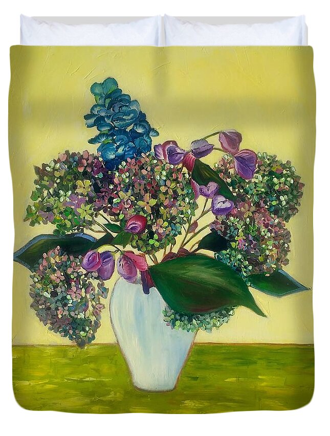Flowers Duvet Cover featuring the painting Hydrangea in a vase by Angie Wright