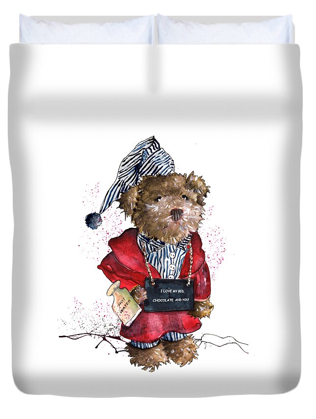 Bear Duvet Cover featuring the painting I Love My Bed Chocolate And You by Miki De Goodaboom