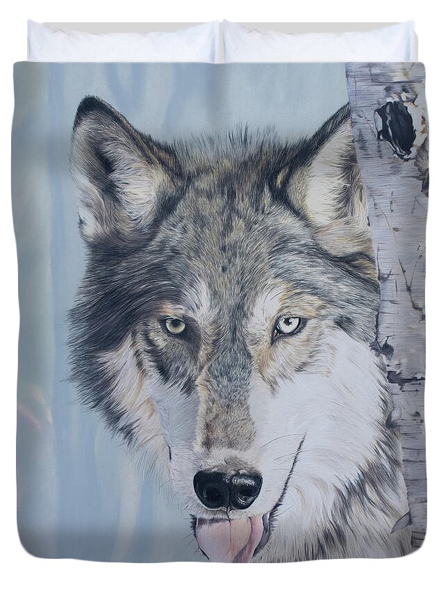 Wolf Duvet Cover featuring the drawing I See You by Kelly Speros