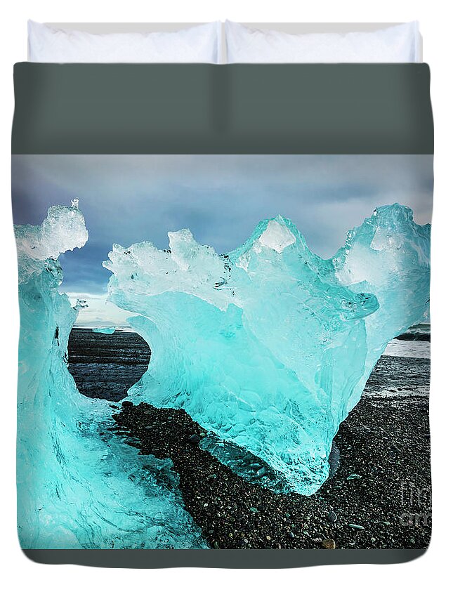 Diamond Beach Duvet Cover featuring the photograph Icebergs on Jokulsarlon black beach, Iceland by Neale And Judith Clark