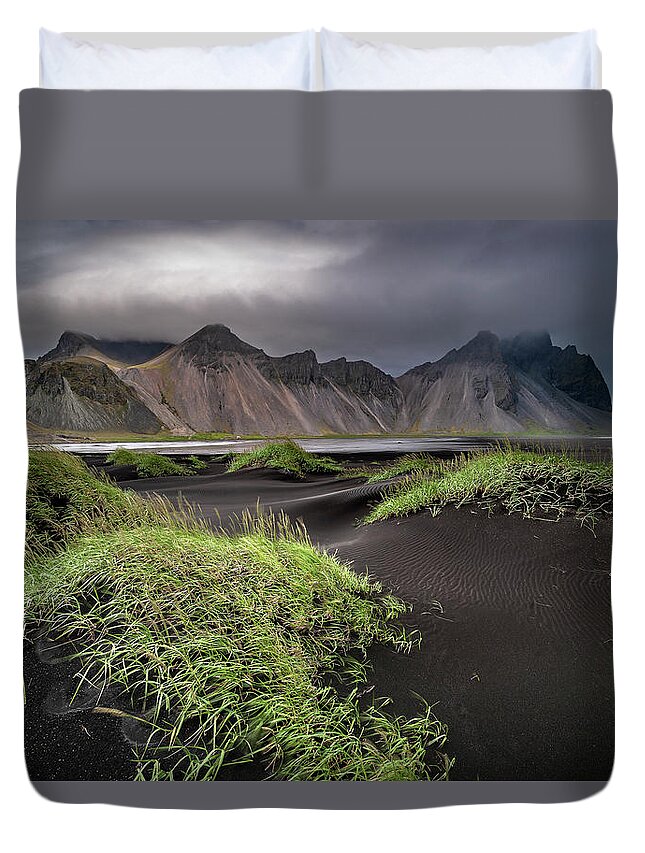 Stokksnes Duvet Cover featuring the photograph Iceland - Stokksnes and the Vestrahorn by Olivier Parent