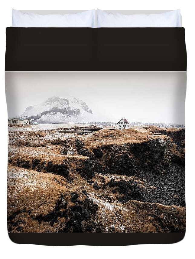 Arnarstapi Duvet Cover featuring the photograph Lonely house in winter Iceland by Michalakis Ppalis