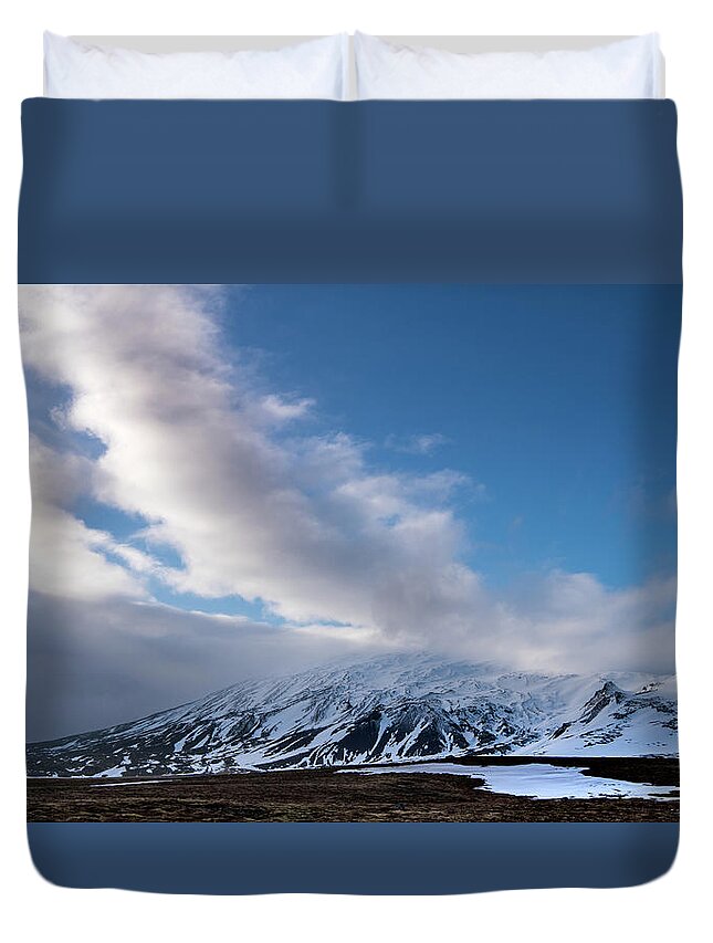 Iceland Duvet Cover featuring the photograph Icelandic landscape with mountains covered in snow at snaefellsnes peninsula in Iceland by Michalakis Ppalis