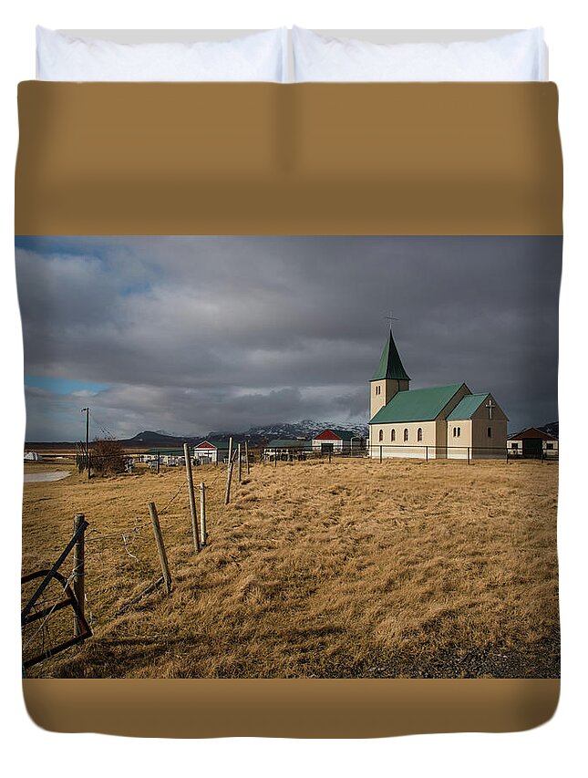 Icelandic Duvet Cover featuring the photograph Icelandinc landscape with traditional church in Iceland by Michalakis Ppalis