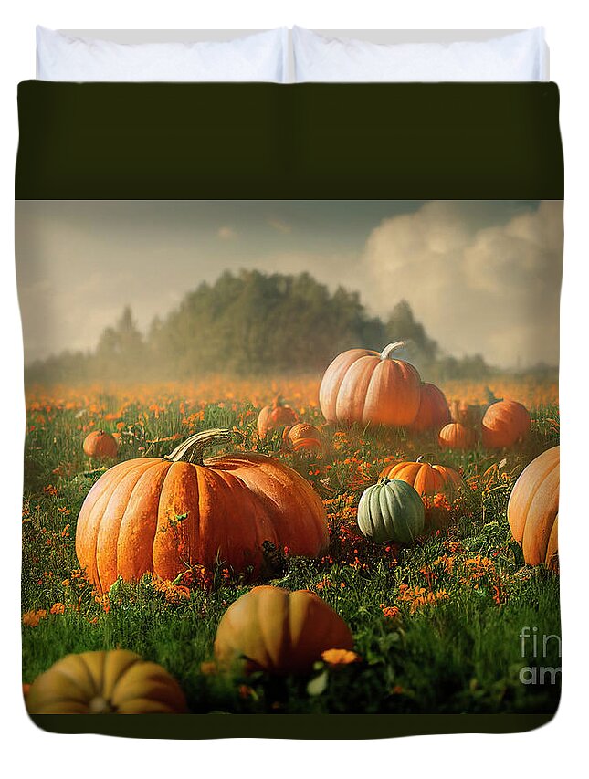 Pumpkin Duvet Cover featuring the photograph Idyllic autumn scene with field of pumpkins in grass on sunny sk by Jelena Jovanovic