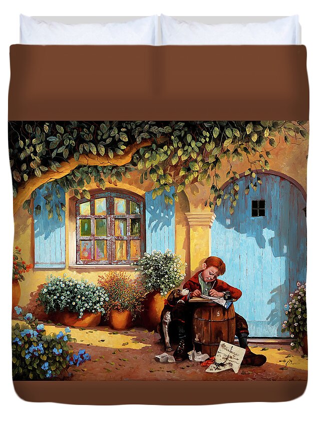 Studying Norman Rockwell Duvet Cover featuring the painting Il Piccolo Scrivano by Guido Borelli