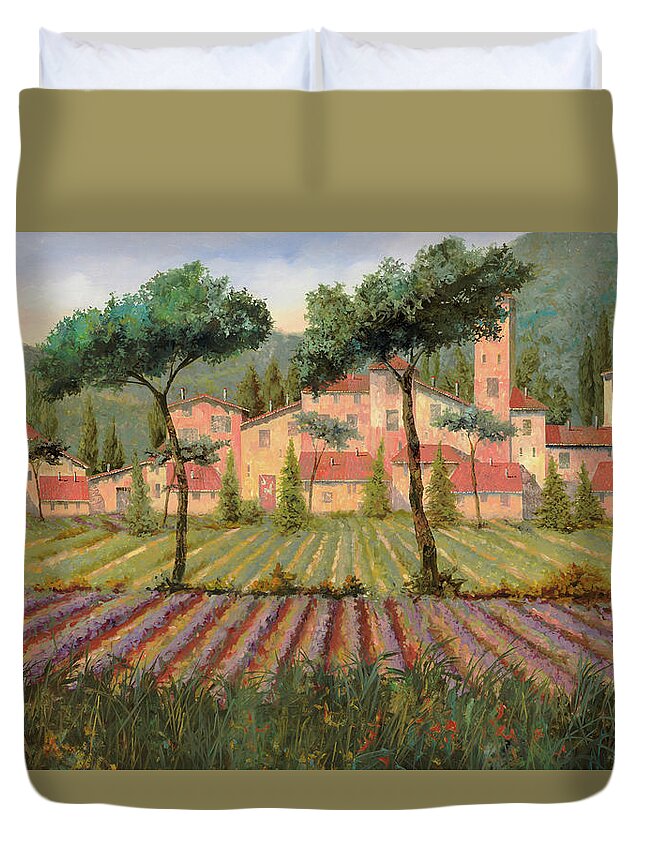 Lavender Duvet Cover featuring the painting Il Villaggio Tra I Campi Di Lavanda by Guido Borelli