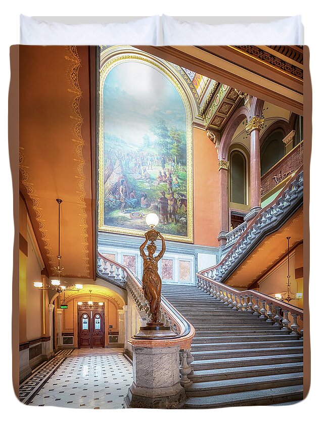 Illinois State Capitol Duvet Cover featuring the photograph Illinois State Capitol - Grand Staircase Newel Post Lamp by Susan Rissi Tregoning