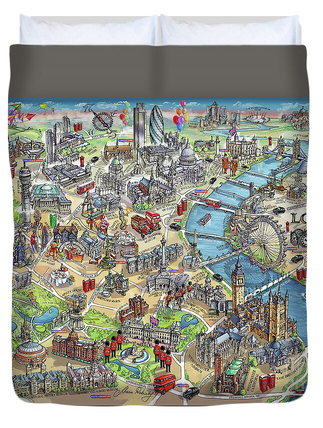 London Map Duvet Cover featuring the painting Illustrated Map of London by Maria Rabinky