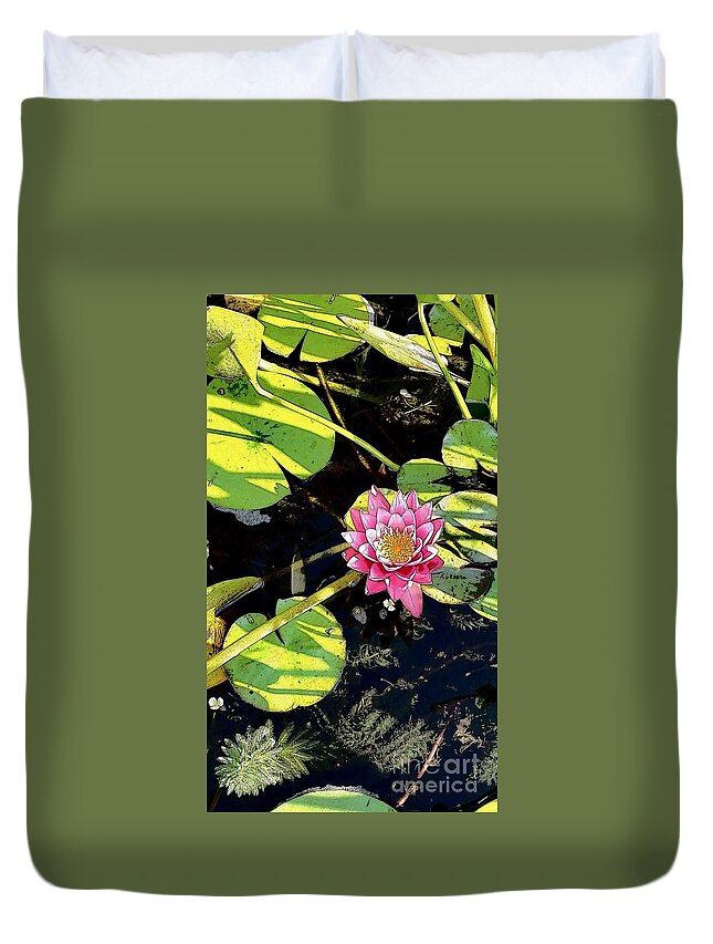 Lily Duvet Cover featuring the photograph Illustrated Pink Lily and Pad by Anita Adams
