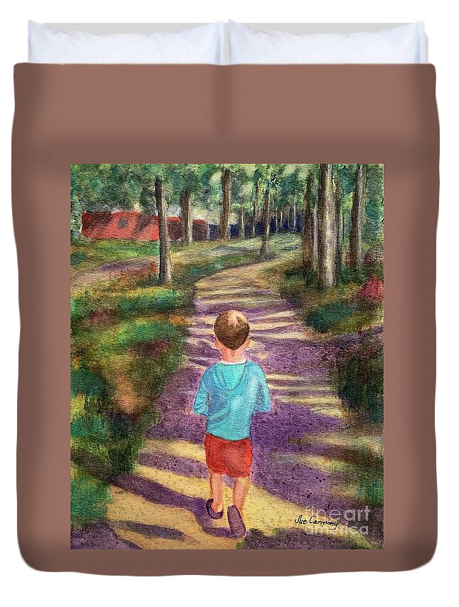 Boy Duvet Cover featuring the painting I'm On My Way by Sue Carmony