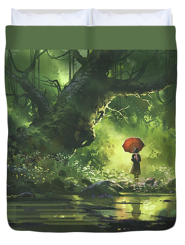 Illustration Duvet Cover featuring the painting I'm waiting for you in the beautiful place by Tithi Luadthong