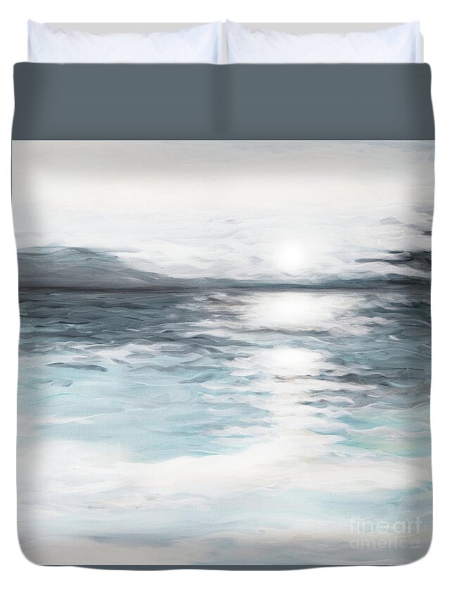Impressionist Impressionistic Ocean Sunrise Soft Teal Indigo Blue White Reflection Duvet Cover featuring the painting Impression by Pamela Schwartz