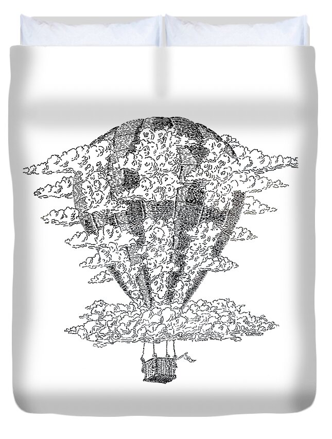 Hot Air Balloon Duvet Cover featuring the drawing In My Cumulous Balloon by Jenny Armitage