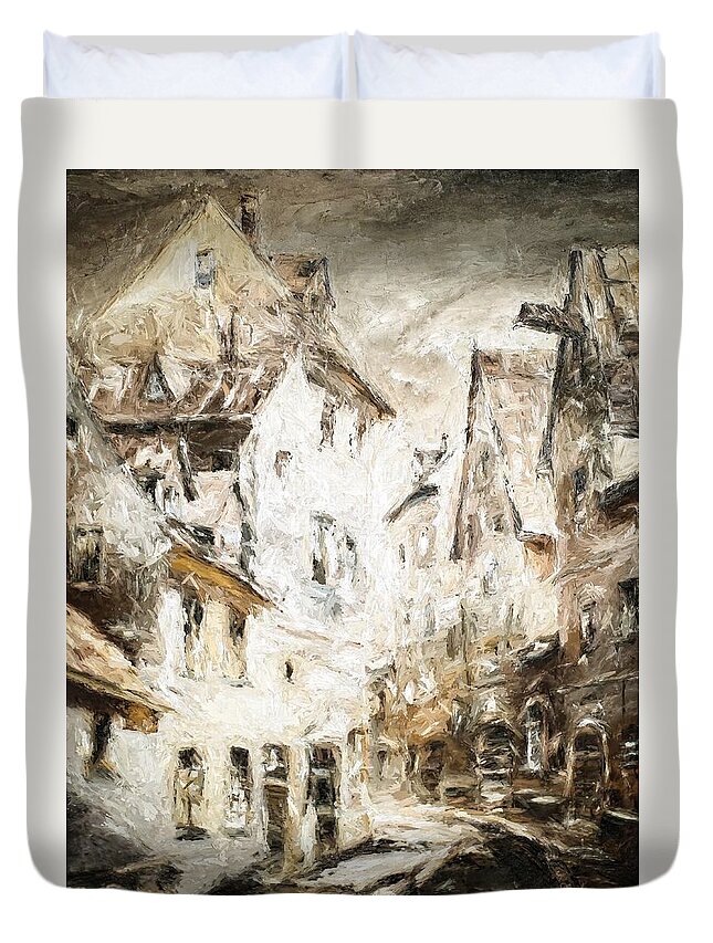 Artwork Duvet Cover featuring the mixed media In the narrow streets of Riga I am waiting for you again by Aleksandrs Drozdovs