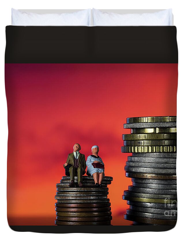Return Duvet Cover featuring the photograph Income Tax Campaign Spain. Old Couple sitting on coin stack.. Declaracion de la Renta. Macro by Pablo Avanzini