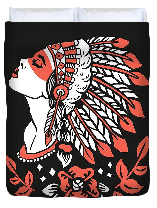 Ethnic Duvet Cover featuring the drawing Indian cute lady, Hand drawn illustration of apache indian girl by Mounir Khalfouf