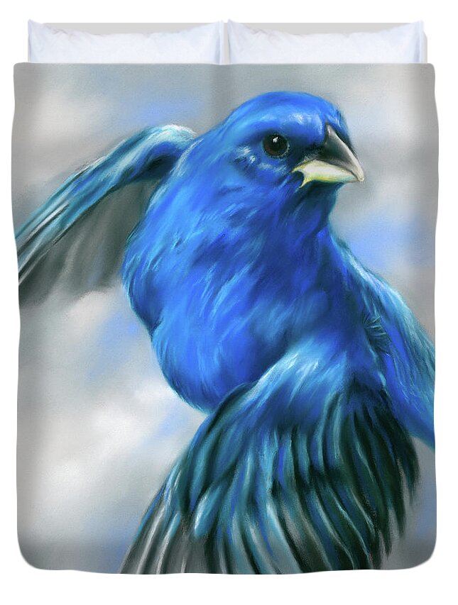 Bird Duvet Cover featuring the painting Indigo Bunting in Flight by MM Anderson