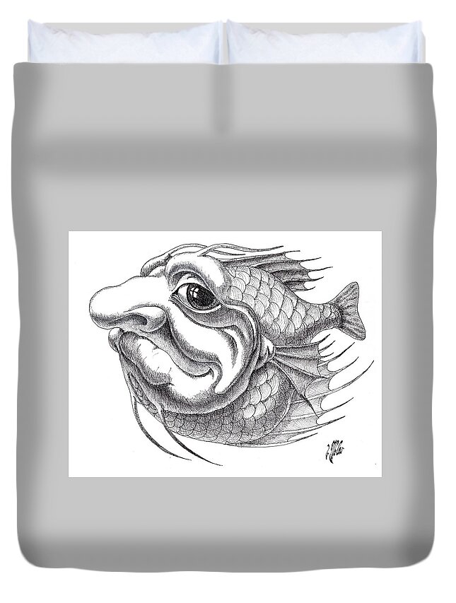 Drawing Duvet Cover featuring the drawing Informed Fish. by Victor Molev
