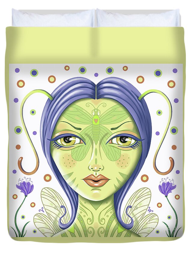Fantasy Duvet Cover featuring the digital art Insect girl, Antennette - Sq.White by Valerie White