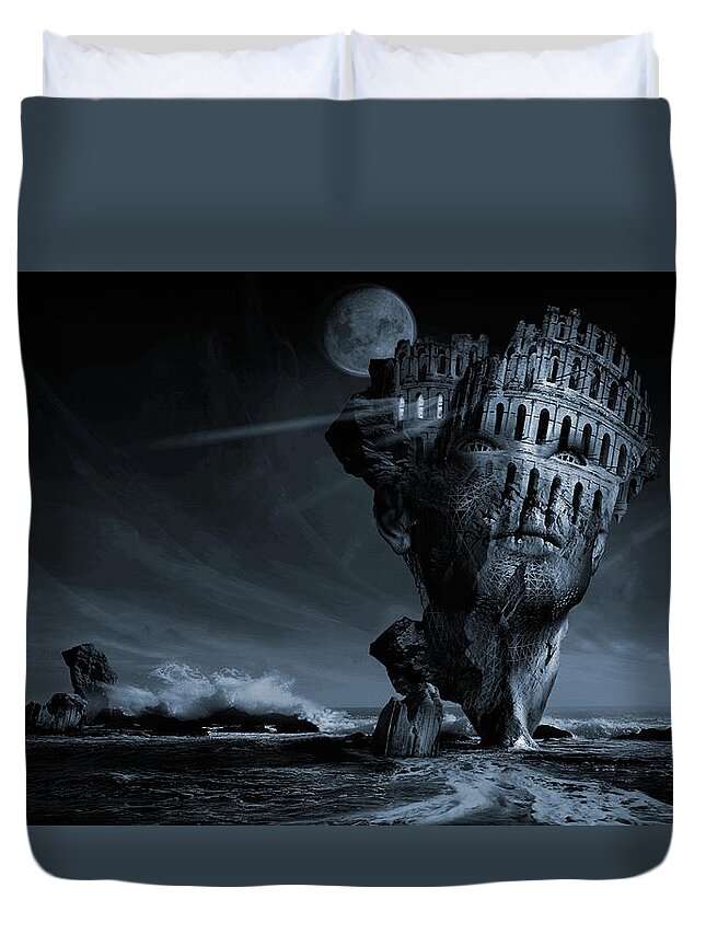 Romantic Idealistic Phantasmagoric Digital Poster Limited Edition Giclee Art Print Metaphorical Allegorical Symbolic. Horizon Sea Stone Rock Face Architecture Wave Landscape Scenery Philosophical Thoughtful Idealistic Art Surrealism Digital Picture Blue Photo-manipulation 3d Matte Painting Photography Surreal Surrealistic Duvet Cover featuring the digital art Insomnia or Nocturnal Awakening by George Grie
