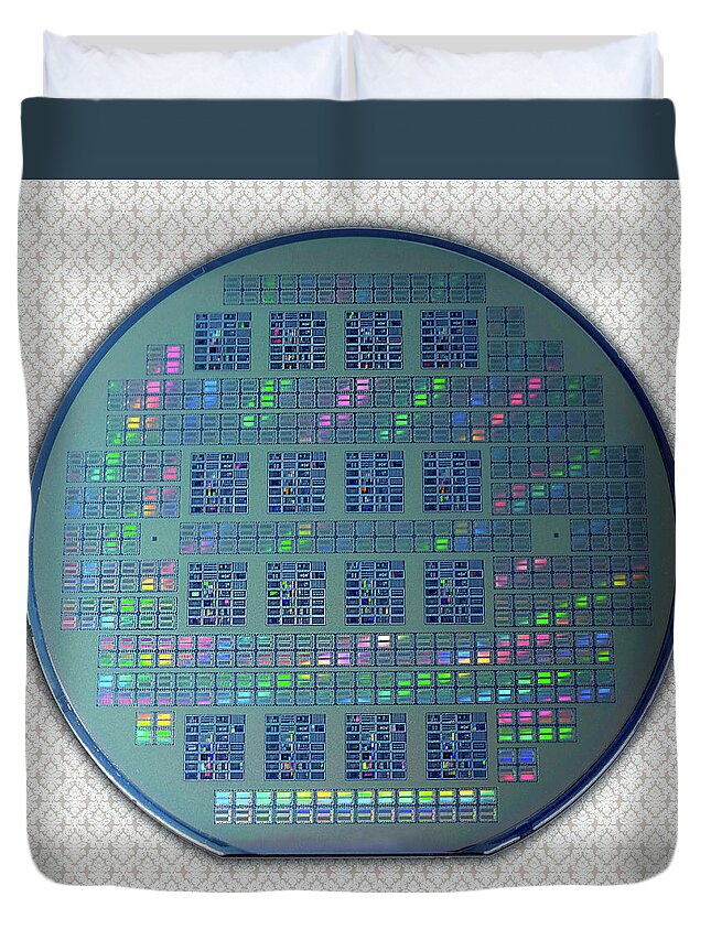 Intel Duvet Cover featuring the photograph Intel 4001 ROM CPU Silicon Wafer Chipset Integrated Circuit, Silicon Valley 1971 by Kathy Anselmo