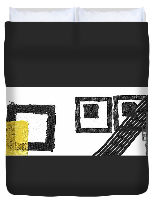 Yellow Duvet Cover featuring the painting Interconnect - Geometry Art by Lourry Legarde