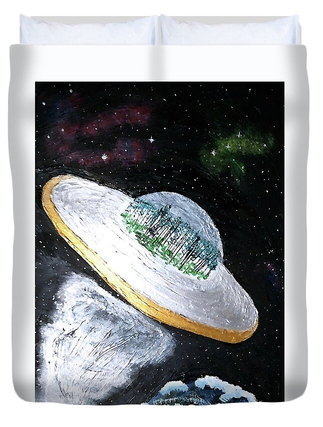 Christina Knight Duvet Cover featuring the painting Intergalactic Forrest Delivery Service by Christina Knight