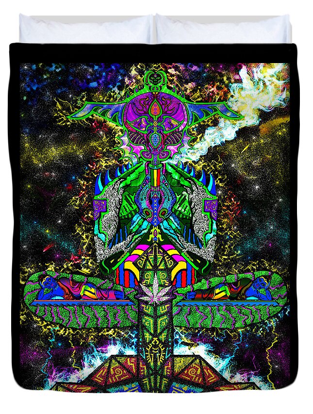 Visionary Duvet Cover featuring the mixed media InterStellar Toker by Myztico Campo