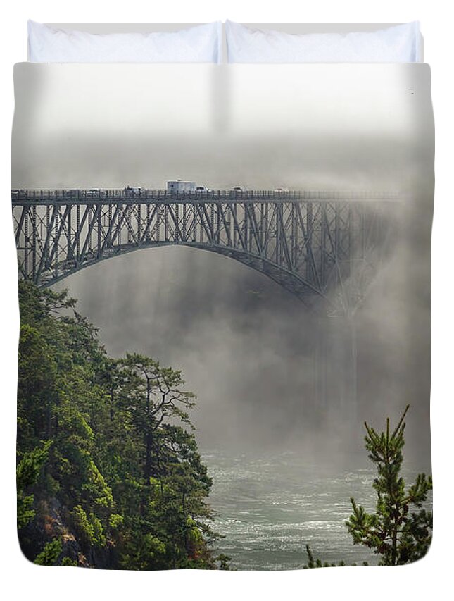 Deception Pass Duvet Cover featuring the photograph Into The Mist by Michael Rauwolf