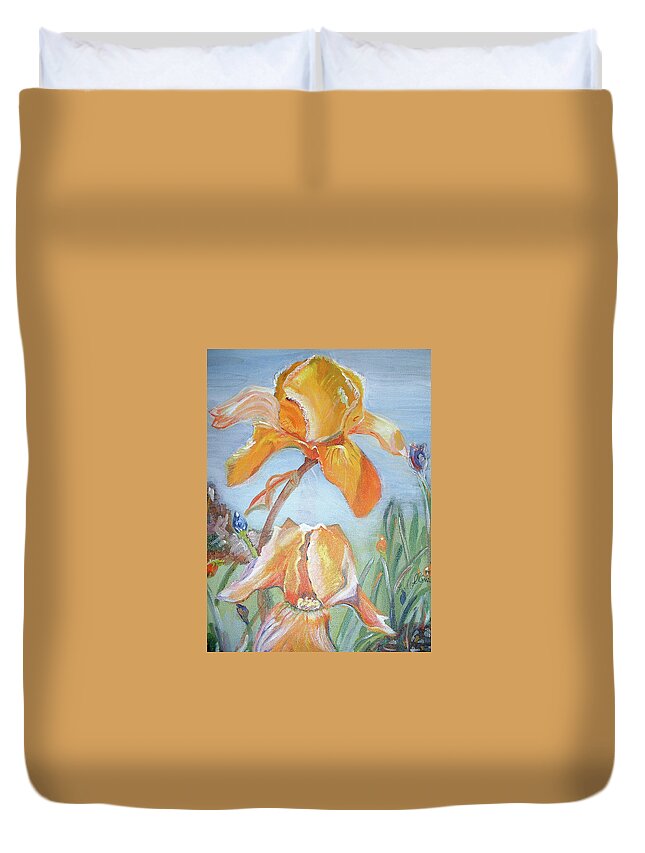 Iris Duvet Cover featuring the painting Yellow Iris  by Genevieve Holland