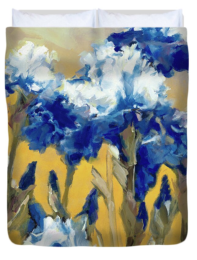 Blue Irises Duvet Cover featuring the painting Iris 1 by Roxanne Dyer