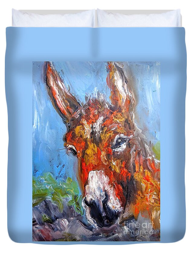 Donkey Art Duvet Cover featuring the painting Jenny the Banshee donkey by Mary Cahalan Lee - aka PIXI