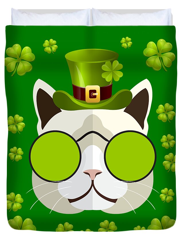 Funny Duvet Cover featuring the digital art Irish Leprechaun Cat by Flippin Sweet Gear