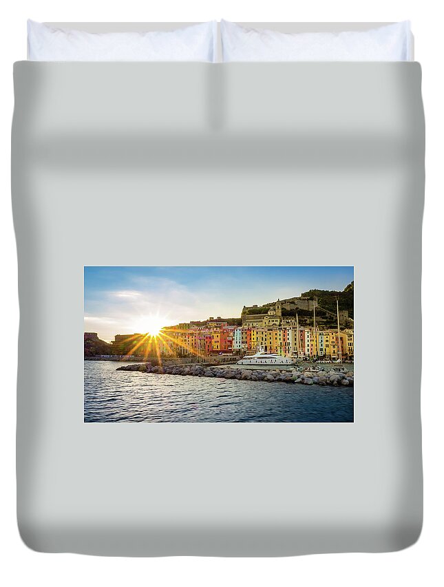 Italy Duvet Cover featuring the photograph Italian harbor at sunset by Robert Miller