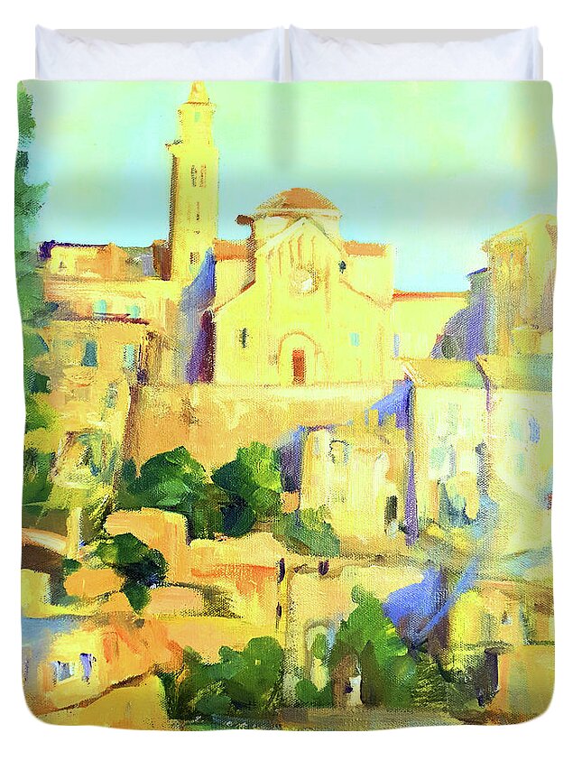 Matera Duvet Cover featuring the painting Italy Matera Cityscape painting by artist Vali Irina Ciobanu by Vali Irina Ciobanu