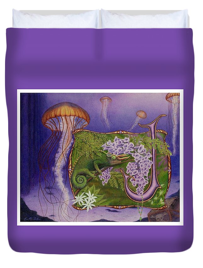 Kim Mcclinton Duvet Cover featuring the drawing J is for Jellyfish by Kim McClinton