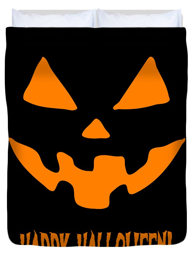 Funny Duvet Cover featuring the digital art Jack-O-Lantern Happy Halloween Pumpkin by Flippin Sweet Gear