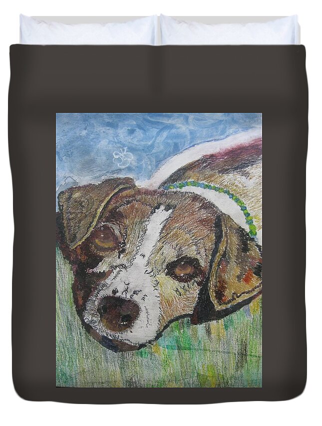 Dog Duvet Cover featuring the painting Jack Russel dog named Dexter by AJ Brown
