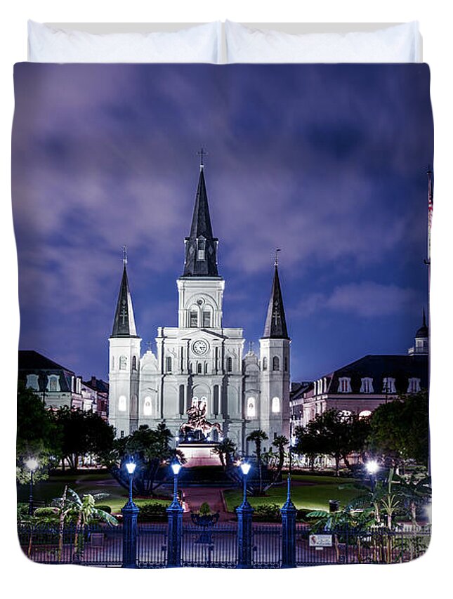 Louisiana Duvet Cover featuring the photograph Jackson Square Night Lights by Andy Crawford