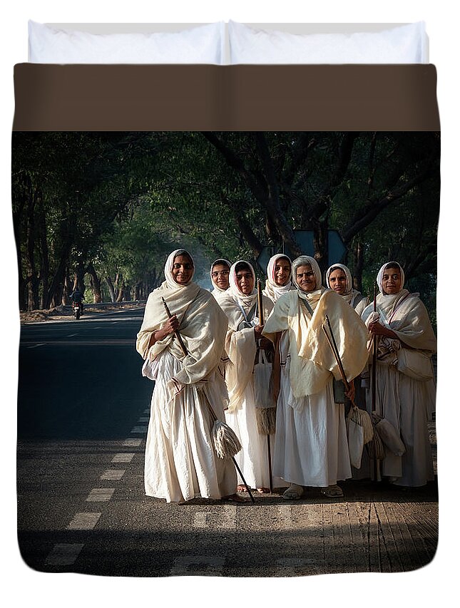 India Duvet Cover featuring the photograph Jain nuns in Gujarat. by Usha Peddamatham