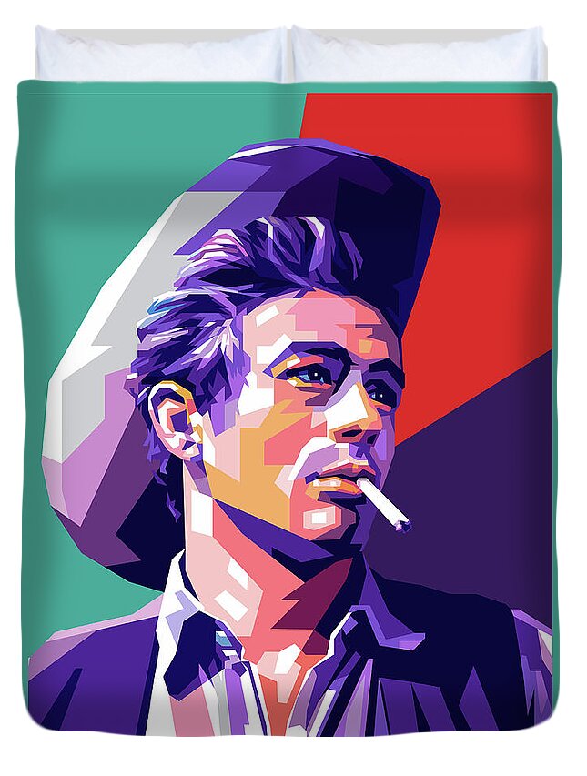 James Dean Duvet Cover featuring the mixed media James Dean - ''Giant'' 1956 by Movie World Posters