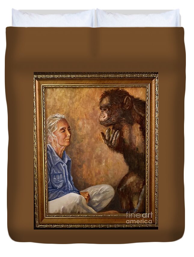 Jane Goodall Duvet Cover featuring the painting Jane Goodall and friend by Leland Castro