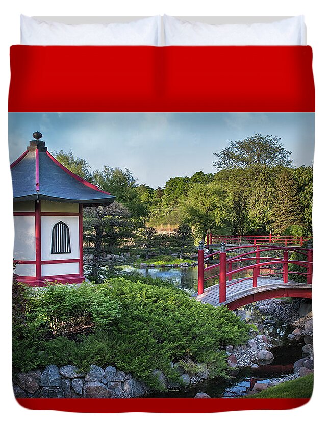 Japanese Duvet Cover featuring the photograph Japanese Garden #2 - Pagoda and Red Bridge by Patti Deters