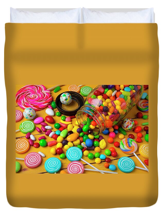 Candy Duvet Cover featuring the photograph Jar Of Candy With Suckers by Garry Gay
