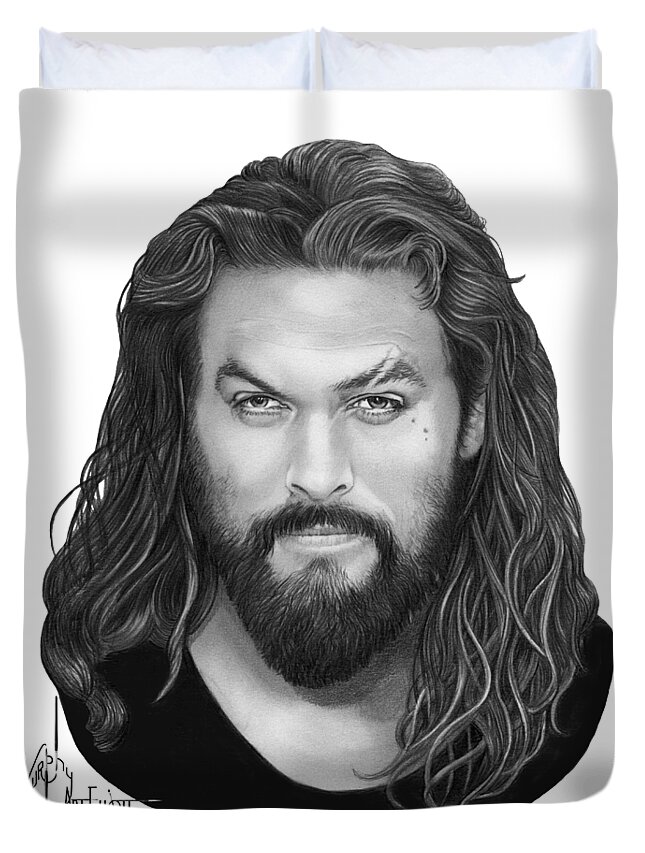 Pencil Duvet Cover featuring the drawing Jason Momoa by Murphy Elliott